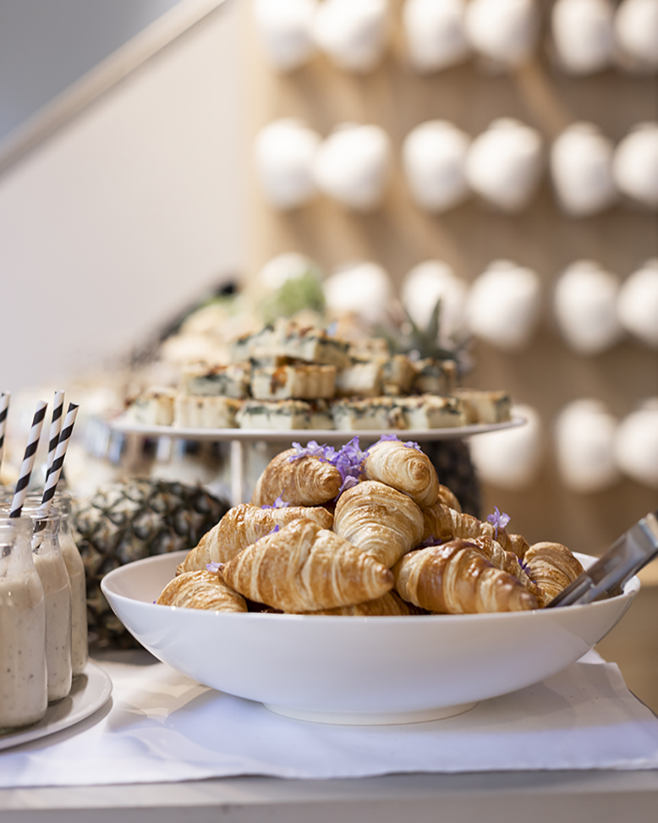 Bowls of miniature croissants and platters of bite sized frittata for morning tea catering Sydney options
