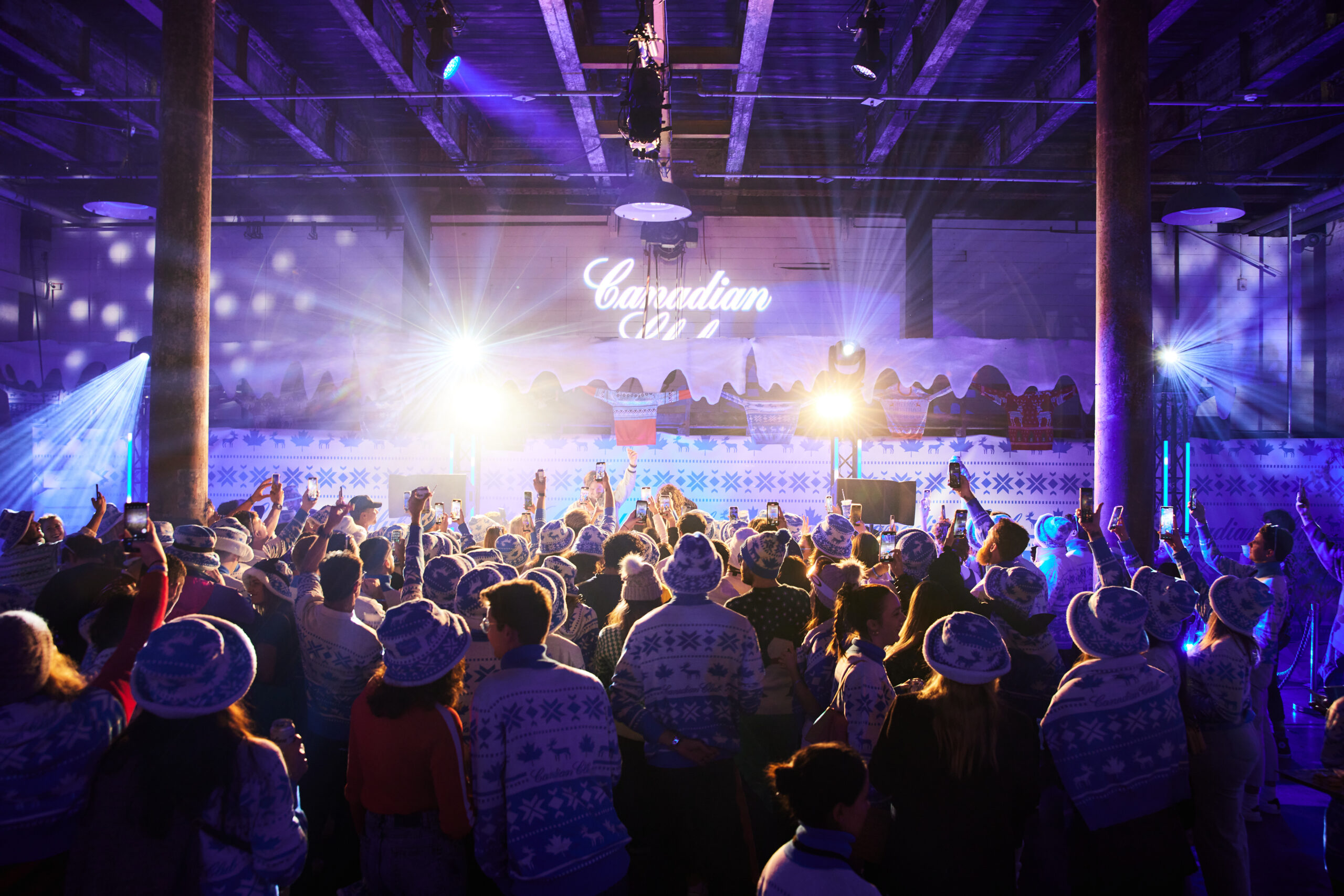 Concert style event with the guests watching a performer, surrounded by blue strobe lights.