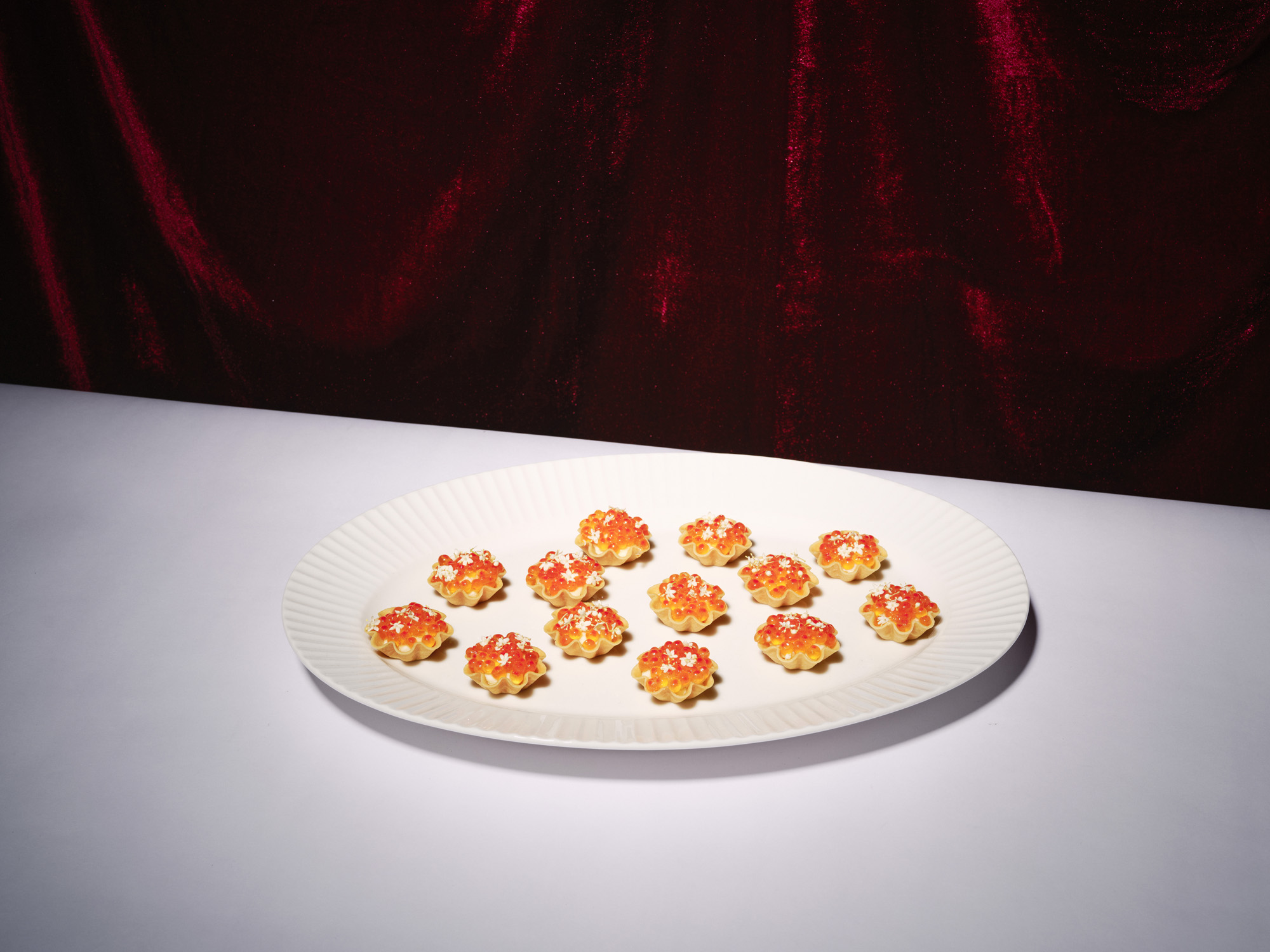 Miso ginger tart with salmon pearls