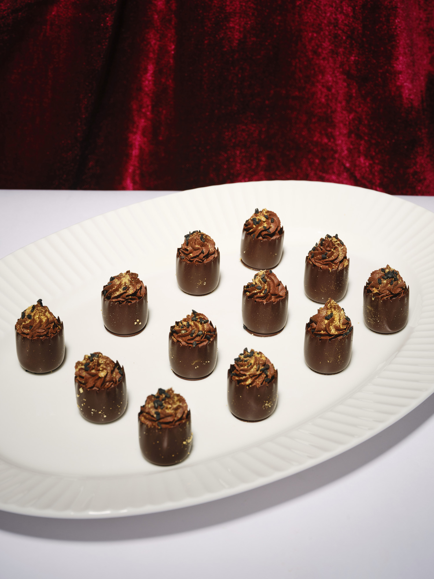 Black sesame & salted caramel single origin chocolate bonbons